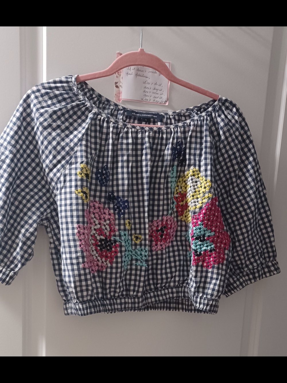 French Connection Navy Gingham Crop Top with Bright Floral Embroidery